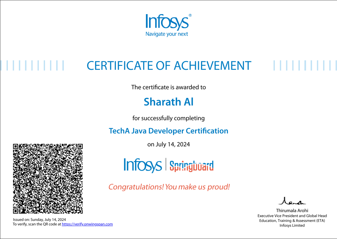 Tech java Developer certificate by INFOSYS